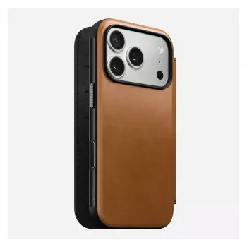 „Folio“ telefono dėklas „Nomad Modern Leather Folio“, skirtas „iPhone 17 Pro“, oda + aliuminis, 6,3 colio (16 cm), rusvai ruda, 3 kortelių kišenės
