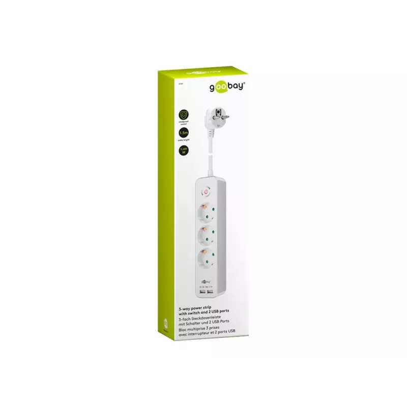 Goobay 3 krypčių maitinimo skirstytuvas su jungikliu ir USB 1,5 m kabeliu, F tipo