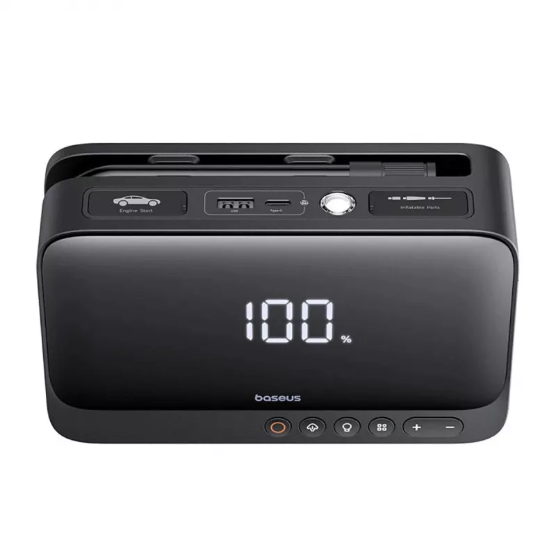 Nešiojamasis įkroviklis Baseus Super Energy 6000 mAh — akumuliatoriaus stiprintuvas, LiPo 6000 mAh, 300 A paleidimo srovė, 150 PSI, įmontuotas ekranas ir žibintuvėlis, USB-C + USB-A, juoda
