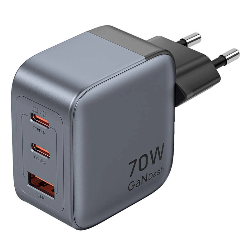 Vention GaN įkroviklis FEXH0-EU 70W — 2x USB-C + 1x USB-A, PD 70W, 100–240V