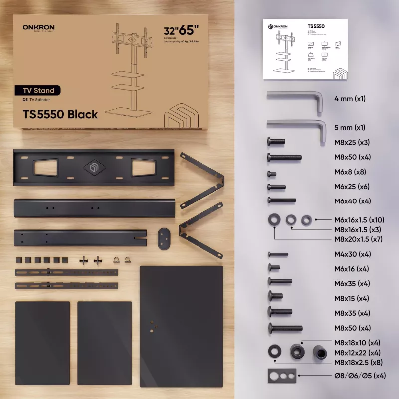 Ant grindų stovintis televizoriaus stovas ONKRON TS5550-B, skirtas 32–65 colių (81,3–165,1 cm), maksimali apkrova 30 kg, VESA 100x100–600x400, aukštis 880–1080 mm, pasukimas ±25°