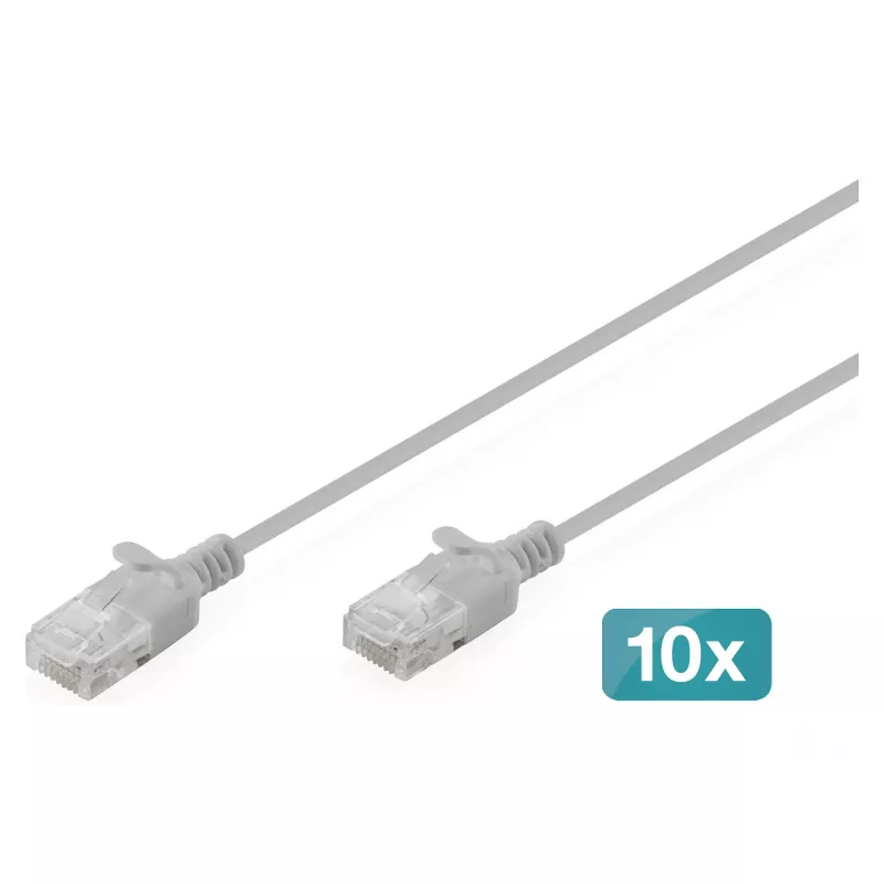 Tinklo komutacinis kabelis DIGITUS CAT6 U-UTP plonas, 2 m, pilkas, pakuotėje 10 vnt.