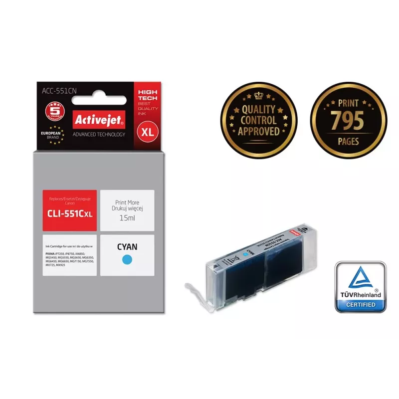 Activejet ACC-551CN rašalo kasetė (pakaitalas Canon CLI-551C; Supreme; 15 ml; žydra)