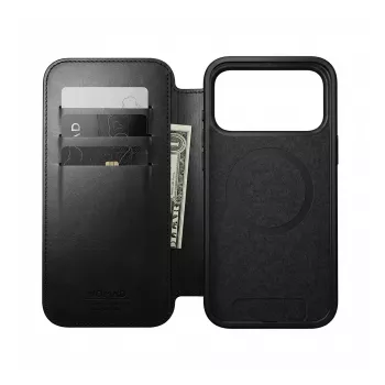 Išmaniojo telefono odinis aplankas Nomad Modern Leather Folio, skirtas iPhone 17 Pro — juoda Horween