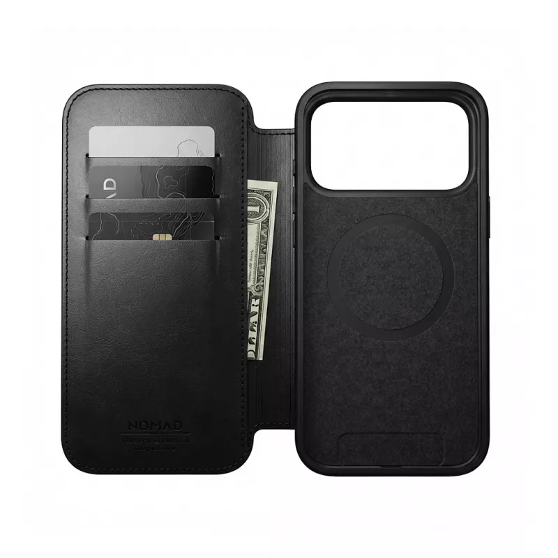 Išmaniojo telefono odinis aplankas Nomad Modern Leather Folio, skirtas iPhone 17 Pro — juoda Horween