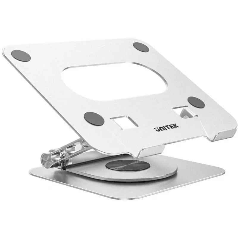 Nešiojamojo kompiuterio stovas Unitek D1109B01 — aliuminis reguliuojamas stovas su nuimamu USB‑C HDMI 4K PD 100W moduliu, iki 17 colių