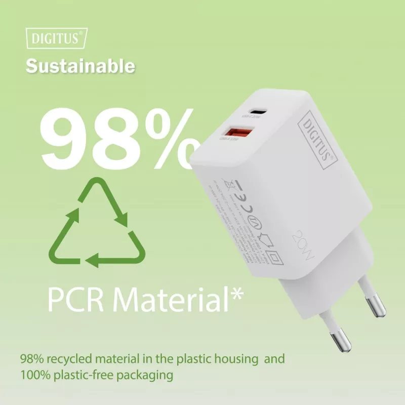 Kintamosios srovės USB įkroviklis DIGITUS 20 W, 1x USB-C, 1x USB-A, įvestis 100–240 V, baltas