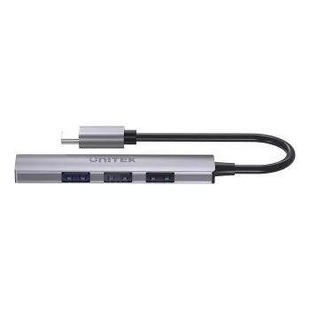 USB-C šakotuvas Unitek H1208B — 1x USB-A 5 Gbps, 3x USB-A 2.0, USB-C priegloba, aliuminio korpusas, 0,20 m laidas