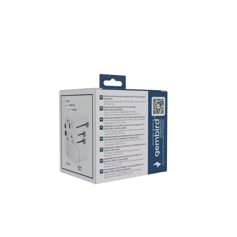 Keliautojų adapteris GEMBIRD TPA-2A3C70-01-W — I tipo kištukas, 3× USB-C (70 W), 2× USB-A (18 W), 100–250 V, baltas