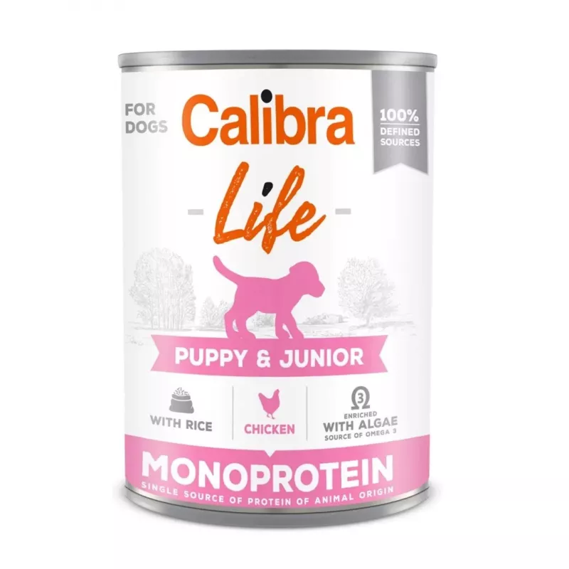 Šlapias šunų maistas Calibra Puppy & Junior su vištiena ir ryžiais 400 g — visavertis augimo pašaras šuniukams, 78 % drėgmės, 9,5 % baltymų, 7 % riebalų