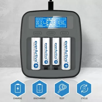 Baterijų įkroviklis everActive NC1000MV2 — Ni-MH 4 vietų USB-C įkroviklis, 4 elementai, 5V, juodas, 110×99×38 mm