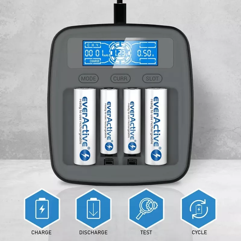 Baterijų įkroviklis everActive NC1000MV2 — Ni-MH 4 vietų USB-C įkroviklis, 4 elementai, 5V, juodas, 110×99×38 mm