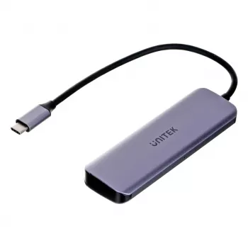 USB šakotuvas Unitek P5+ — 5 prievadai (4 × USB 3.2 Gen 2 Type-A), USB 3.2 Gen 1 šeimininkas, 5 Gbit/s, 10 W PD, aliuminis, pilka