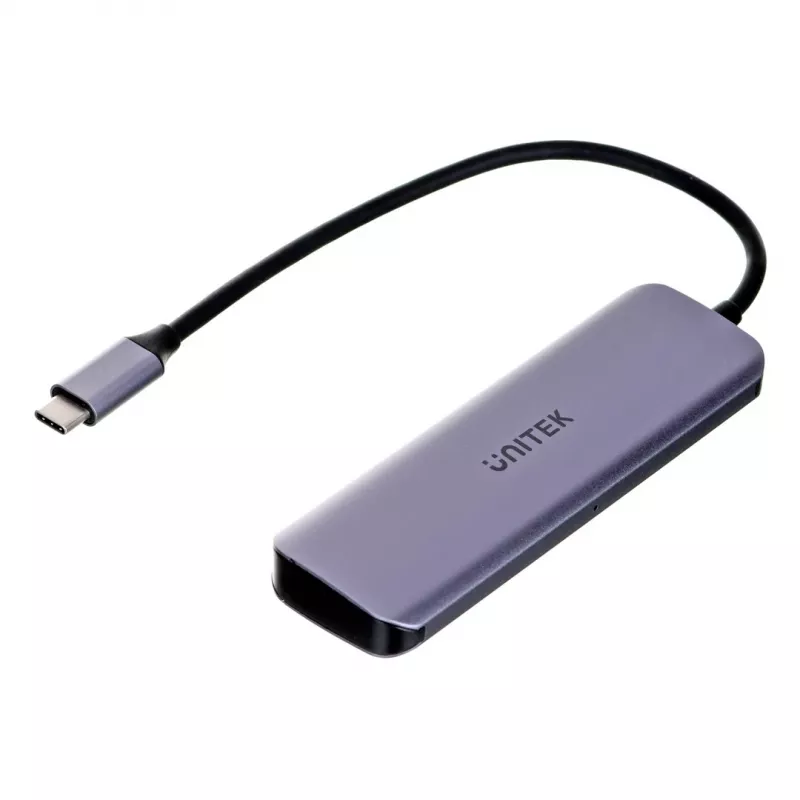 USB šakotuvas Unitek P5+ — 5 prievadai (4 × USB 3.2 Gen 2 Type-A), USB 3.2 Gen 1 šeimininkas, 5 Gbit/s, 10 W PD, aliuminis, pilka