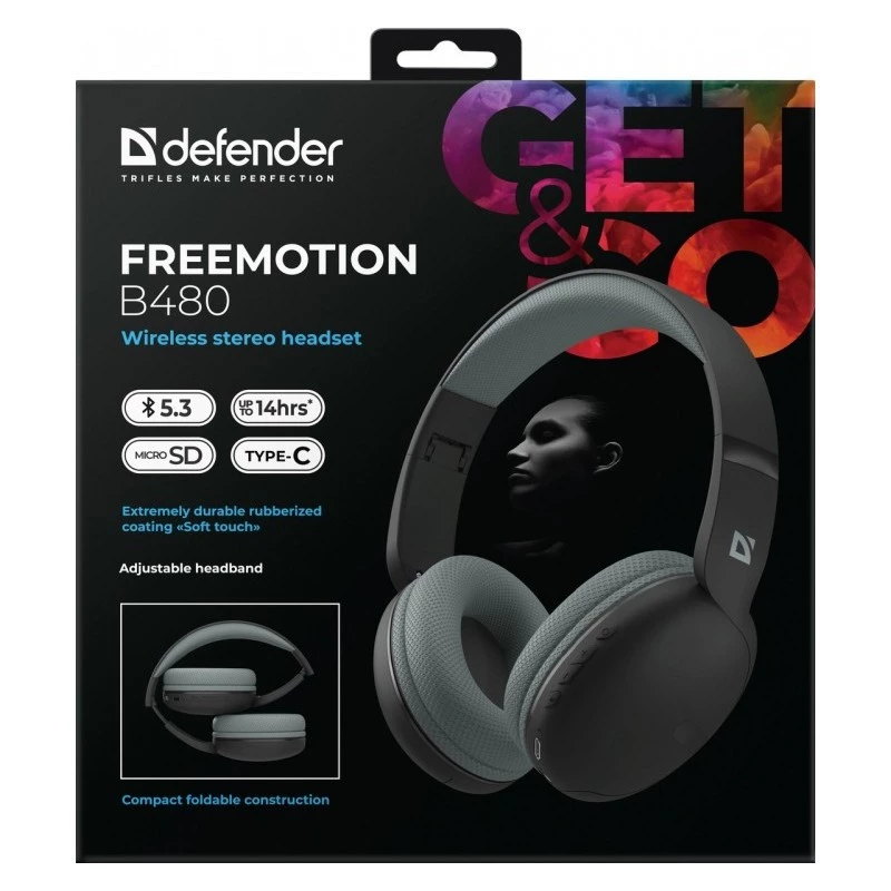 Belaidės ausinės DEFENDER Freemotion B480 — ant ausies, uždaros, Bluetooth, 20–20000 Hz, 99 dB, USB-C, AUX