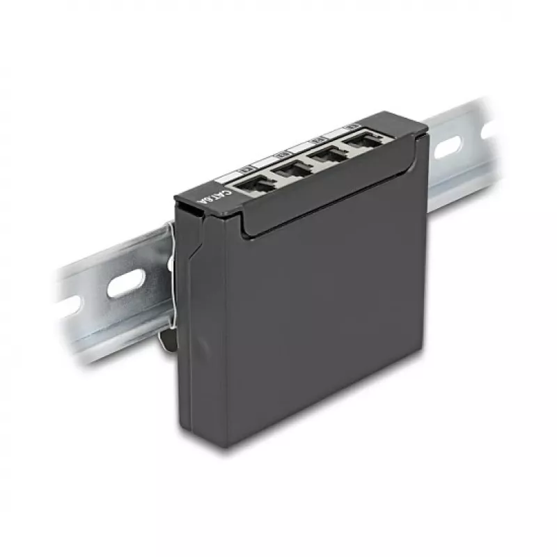 Patch panel DELOCK Mini Desktop RJ45 4-port Cat.6A shielded juodas, metalinis, 90×22×93 mm