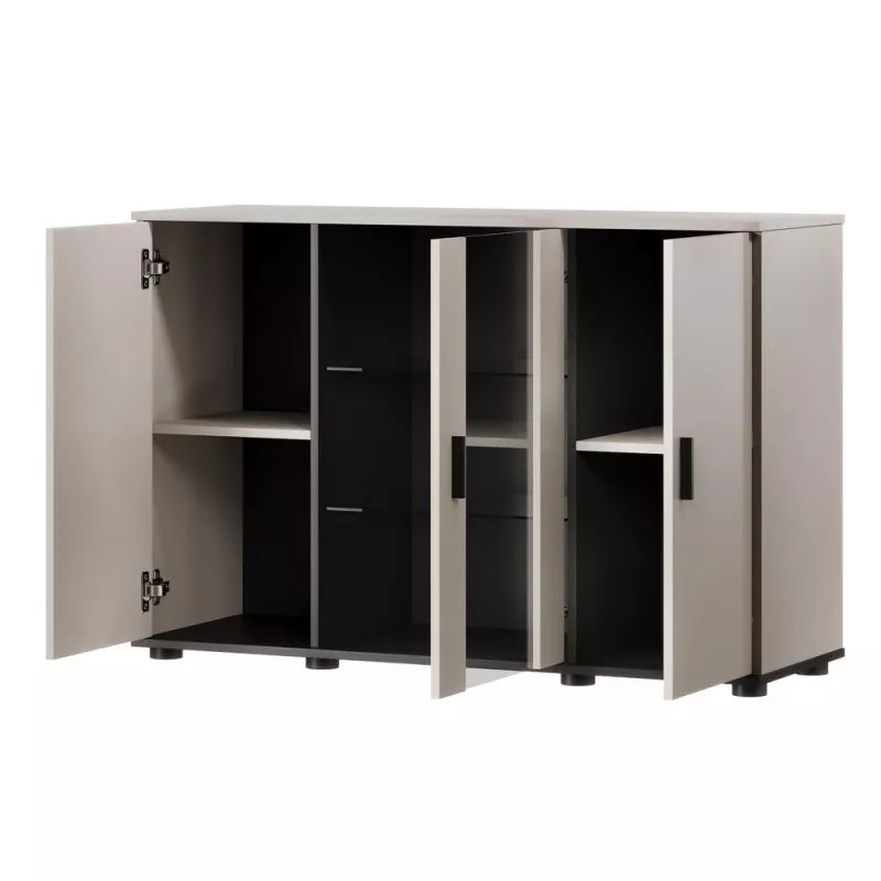 Komoda Cama Meble SOHO 120×41×80 cm – kašmyro spalvos fasadai, juodas rėmas