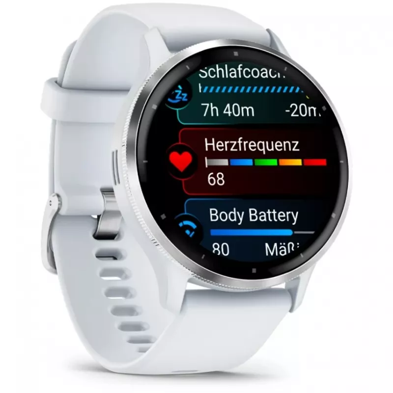 Išmanusis laikrodis GARMIN Venu 3 — 1,4 colio AMOLED, 45 mm korpusas, GPS, Wi‑Fi, 8 GB, sidabrinis/baltas, silikoninis dirželis