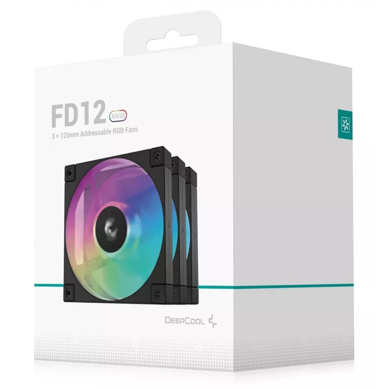Ventiliatorius DeepCool FD12 ARGB-3 viename 12 cm juodas baltas 3 vnt. maksimalus oro slėgis 2,56 mmH2O