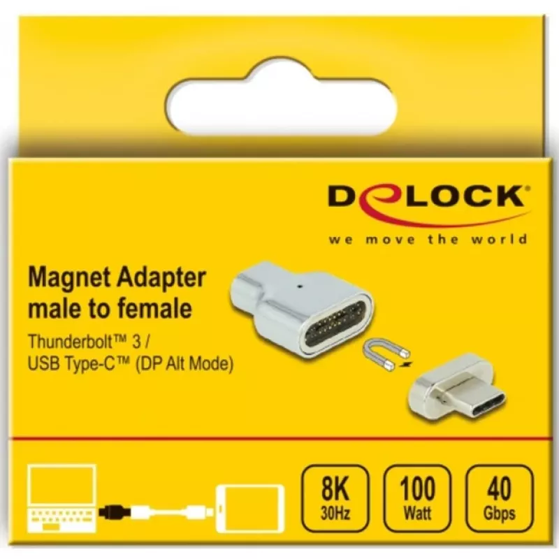 DeLOCK - Thunderbolt / USB-C adapteris - USB-C (V) magnetinis į USB-C (K) - USB 3.2 Gen 2 / Thunderbolt 3 4,5 A - 8K palaikymas - sidabrinis (66433)