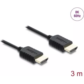 HDMI kabelis DELOCK 81683 — 3 m, HDMI Type A kištukas–kištukas, 48 Gbit/s, iki 7680×4320, paauksuoti kontaktai, juodas
