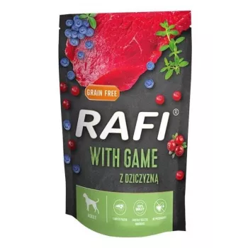 Šlapias šunų ėdalas Dolina Noteci Rafi Game 500 g — Elniena, suaugusiems šunims, vienkartinis paketėlis