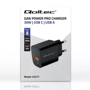Maitinimo adapteris QOLTEC 52377 GaN 30 W išvestis 5–20 V nešiojamiems įrenginiams