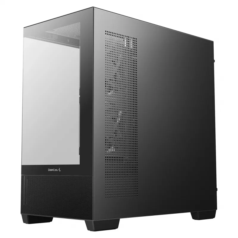 PC Midi Tower DeepCool CG380 3F — juoda, 235×437×451 mm, palaiko 2×120 mm šoninius + 1×120 mm galinį ventiliatorius, apatinis maitinimo blokas, 2,5 colio/3,5 colio HDD