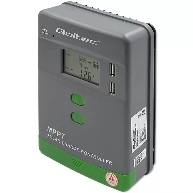 Qoltec, saulės MPPT įkrovimo valdiklis su temperatūros jutikliu 20A 12V/24V Ekranas LCD 2 x USB