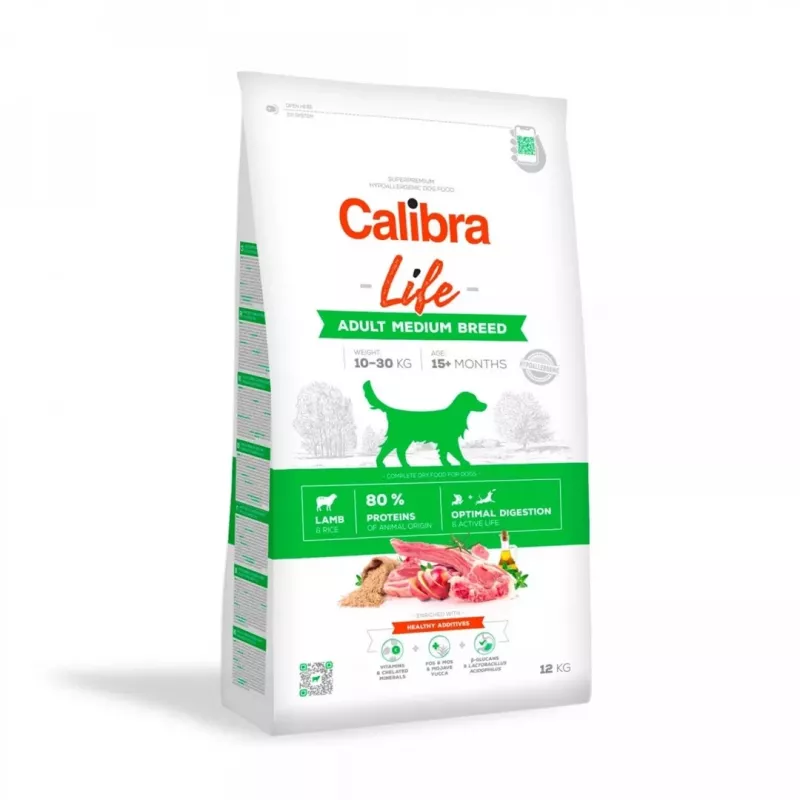 Sausas šunų maistas Calibra Life Adult Medium Breed Lamb 12 kg — pilnavertis maistas vidutinio dydžio suaugusiems šunims, 27% baltymų, 16% riebalų, be glitimo