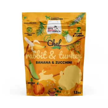 Sausas šunų ėdalas SYTA MICHA Chef triušiena su kalakutiena, jaunikliams, 1,5 kg — trupiniai šuniukams, 28 % baltymų, 14 % riebalų