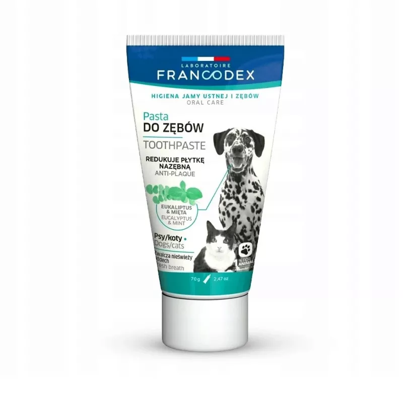 Dantų pasta FRANCODEX šunims ir katėms 70 g — dantų akmenų prevencija, tūbelė