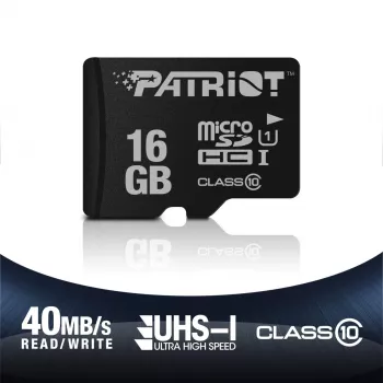 MicroSDHC atminties kortelė PATRIOT PSF16GMDC10 — 16 GB, 10 klasė, UHS-I (U1), 80 MB/s, juoda