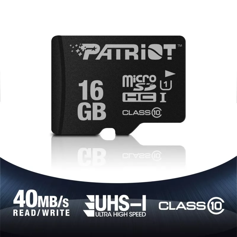 MicroSDHC atminties kortelė PATRIOT PSF16GMDC10 — 16 GB, 10 klasė, UHS-I (U1), 80 MB/s, juoda