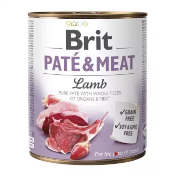 Šlapias šunų maistas Brit Paté & Meat su ėriena 800 g – suaugusiems šunims skirtas visavertis konservuotas maistas, 11% baltymų, 9% riebalų, 75% drėgmės