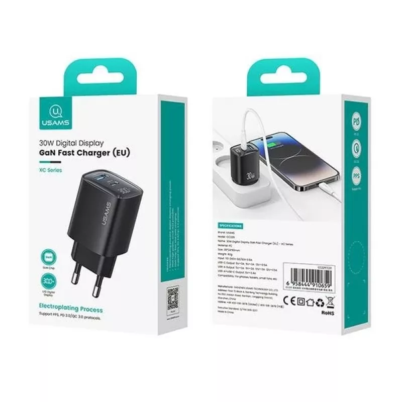 USB ir USB-C 30W GaN greitasis įkroviklis usams CC229 baltas — LED indikatorius, kompaktiškas dizainas