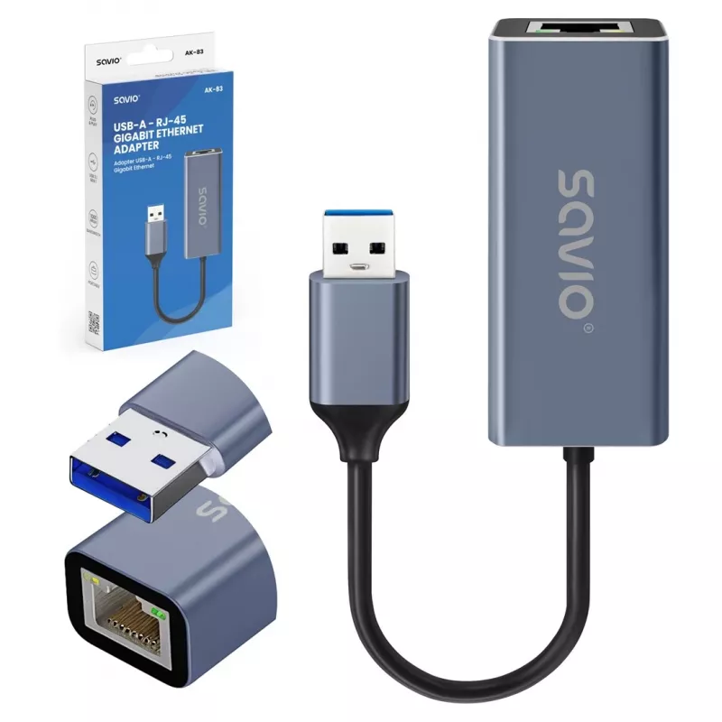 Tinklo sąsajos adapteris SAVIO AK-83 USB Type-A į RJ-45, 5 Gbit/s, juodas