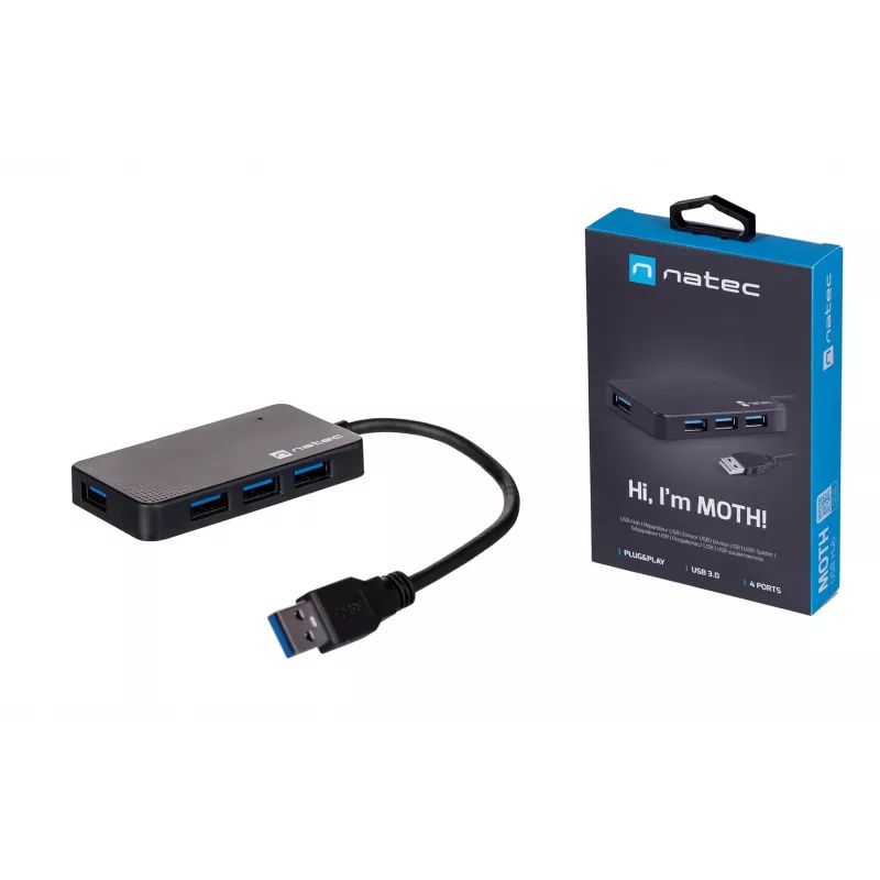 USB šakotuvas NATEC Moth 4 prievadų USB 3.2 Gen 1 Type-A (5000 Mbit/s), maitinamas per USB, juodas, 0,15 m laidas