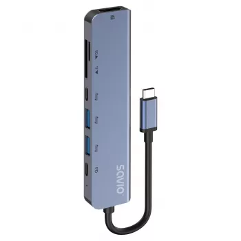 USB Type-C šakotuvas SAVIO AK-82 su HDMI, MicroSD, USB 3.2 Gen1, PD pralaidumu, 4K@30Hz, 5000 Mbit/s, juodas
