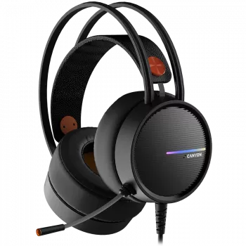 CANYON INTERCEPTOR GH-8A, žaidimų ausinės su 3,5 mm lizdu ir USB jungtimi LED foniniam apšvietimui, reguliuojamu mikrofonu ir garsumo valdymu, su 2in1 3,5 mm adapteriu, 2 m kabeliu, juodos ir oranžinės spalvos