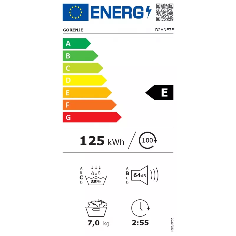 Gorenje džiovyklė | D2HNE7E | Energijos efektyvumo klasė E | Pakrovimas iš priekio | 7 kg | Šilumos siurblys | LED | Gylis 51 cm | Balta