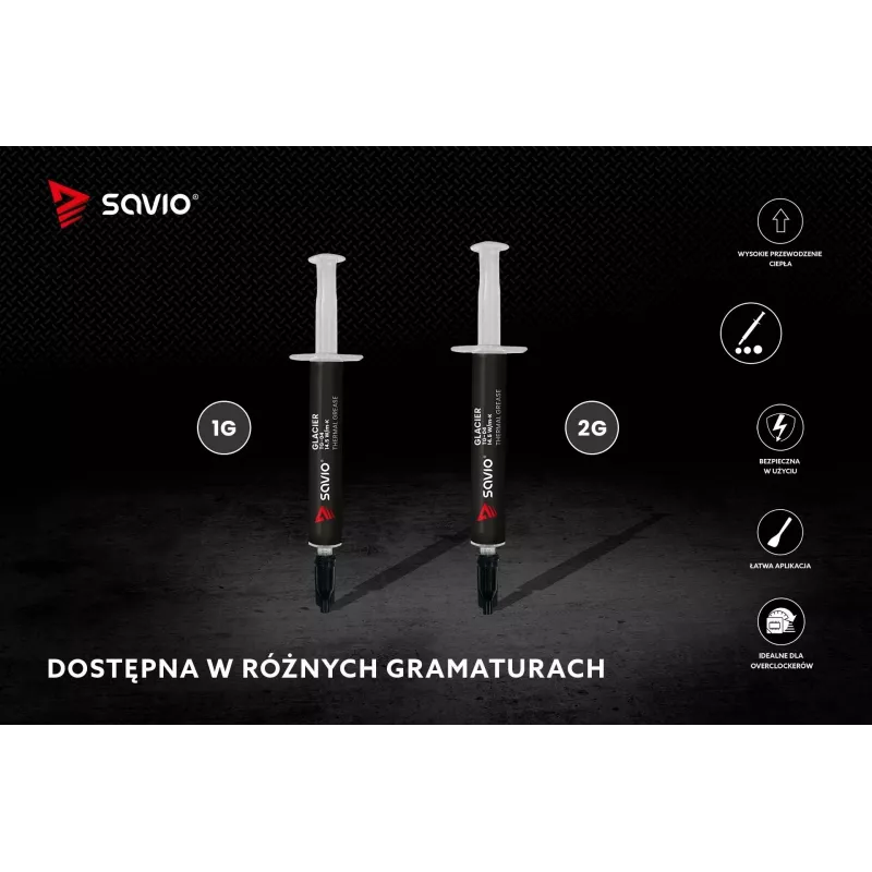 Termo pastos SAVIO TG-04 2g — aukštos kokybės procesoriaus/grafinio procesoriaus termo tepalas, tankis 2,81 g/cm³, pilka, 2 g