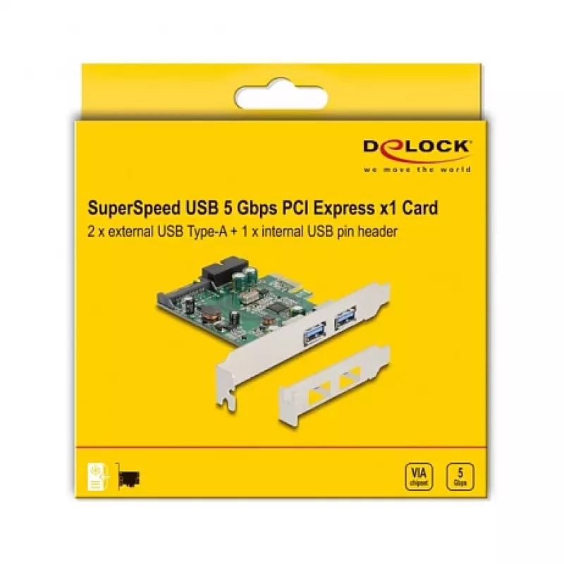 DeLOCK PCI Express x1 kortelė su 2 x USB 3.2 Gen 1 Type-A + 1 x vidinis 19 kontaktų lizdas