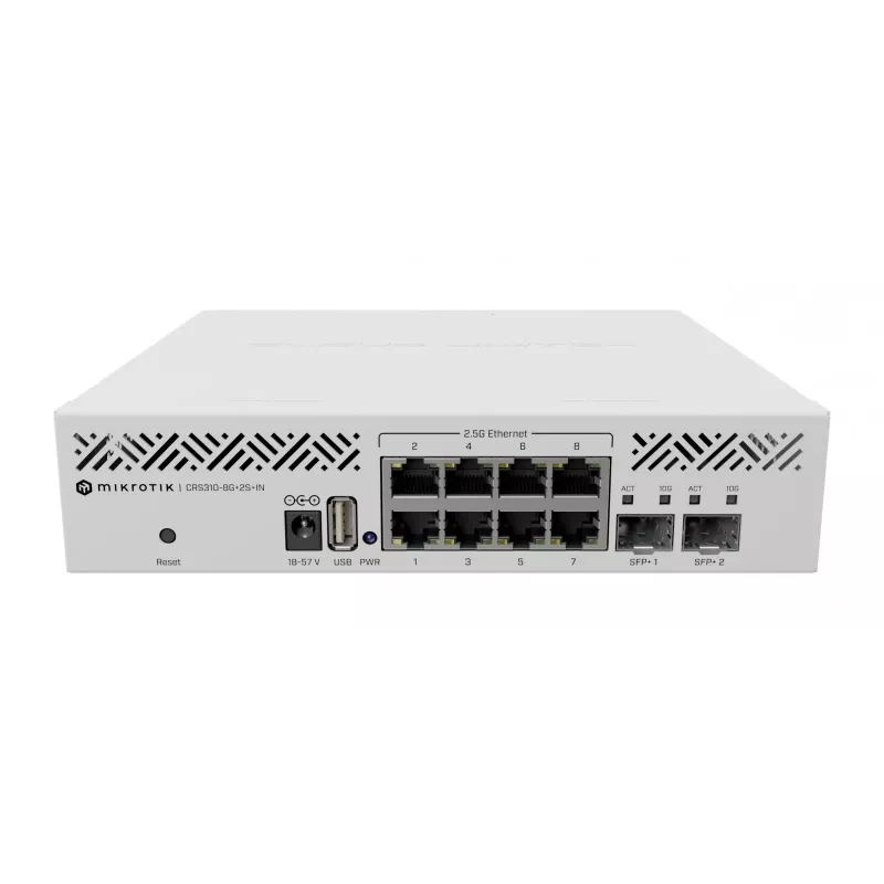 Valdomas L3 komutatorius MikroTik CRS310-8G+2S+IN — 8× 2.5G RJ-45, 2× SFP+, PoE, 1U rack-mount, Baltas