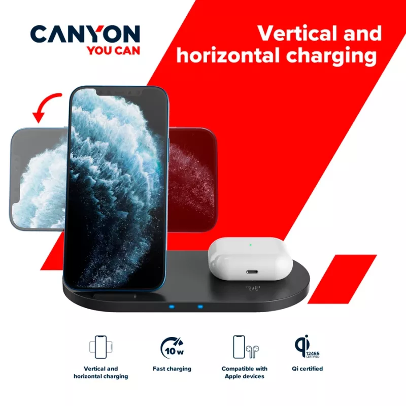 Belaidis įkroviklis 2in1 QI 10W/USB-C/LED juodas