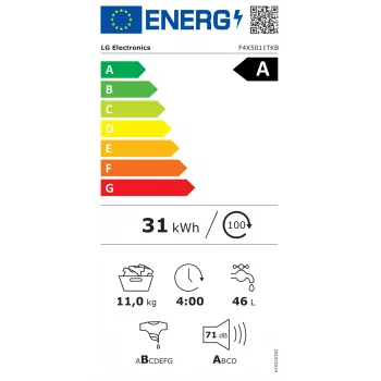 LG skalbimo mašina F4X5011TKB, A, priekinio pakrovimo, skalbimo talpa 11 kg, gylis 56,5 cm, 1400 aps./min., LED, balta | LG