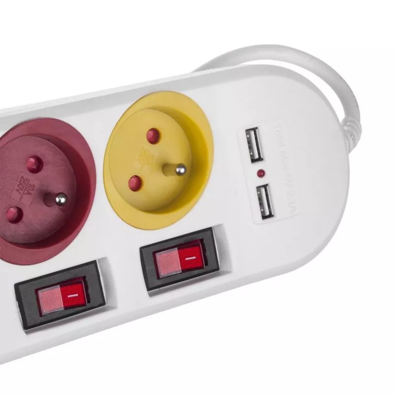 Maitinimo lizdas MACLEAN MCE229W — 4 lizdai, 2× USB, 1.5 m laidas, F tipas, 10 A, balta