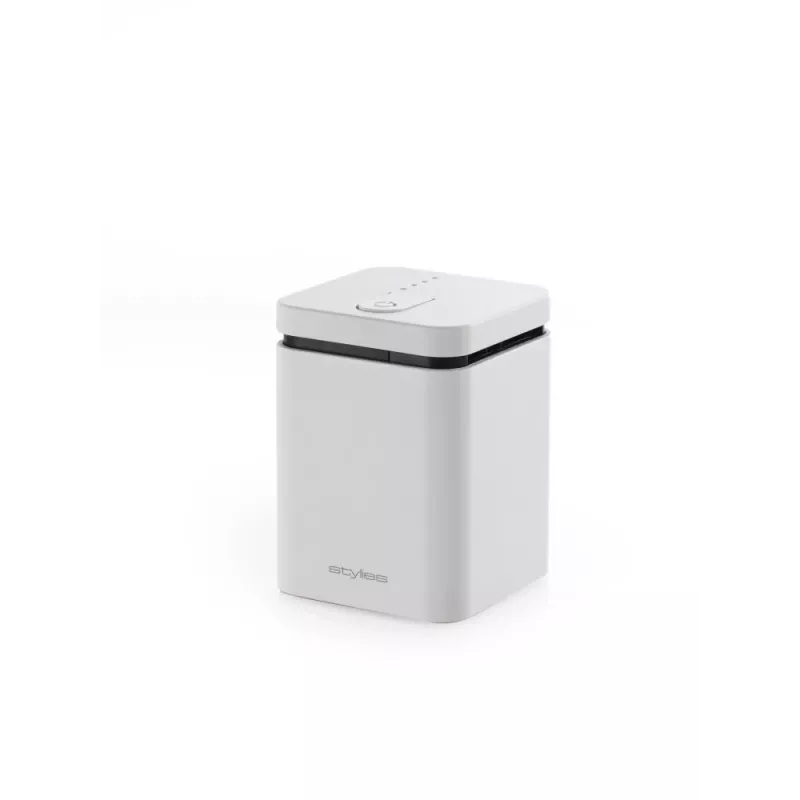 Aromatinis difuzorius Stylies ELARA/WHITE — garinamasis, patalpoms iki 25 m², 2 val. laikmatis, kintamoji srovė/baterija/USB, 1,3 W, 74×74×100 mm