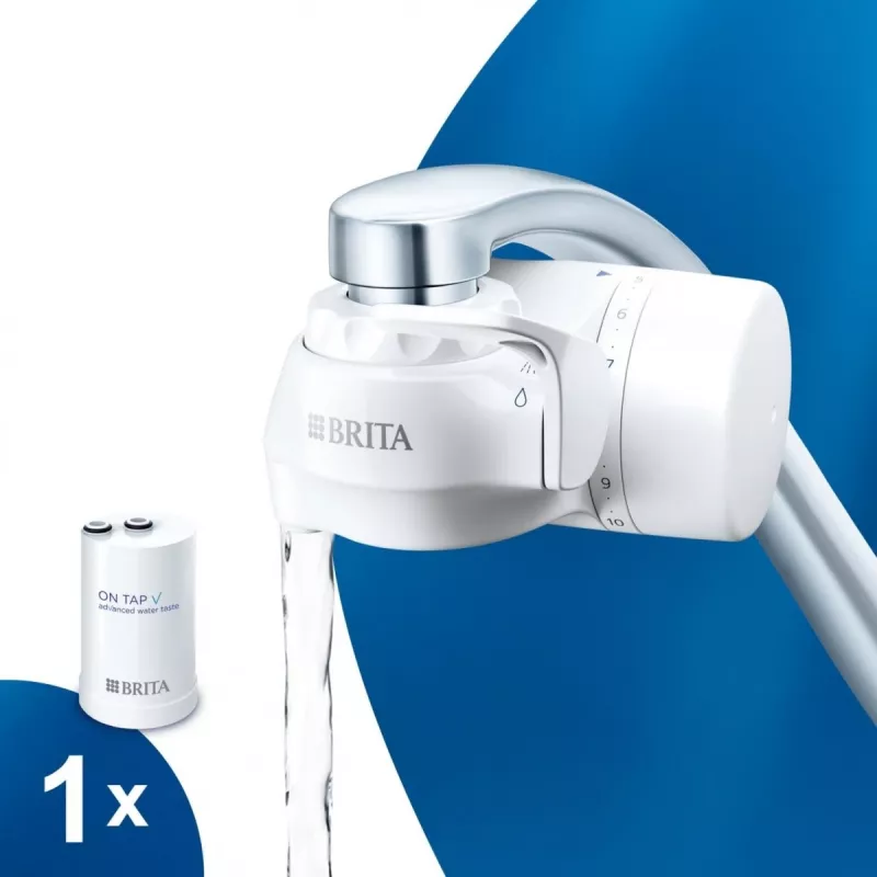 Vandens čiaupo filtras BRITA ON TAP V CU CE2 (1052067) — 4 pakopų, 600 L talpa, 3 režimai, 5 adapteriai, baltas