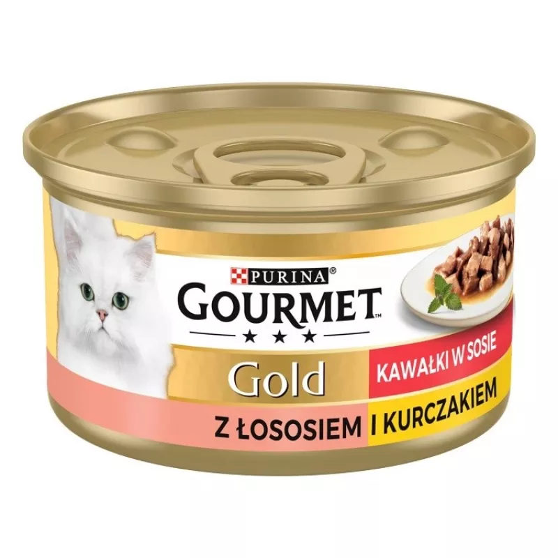 Drėgnas kačių ėdalas Purina Nestlé GOURMET Gold Adult 85 g — vištiena ir lašiša, baltymai 7%, drėgmė 82%